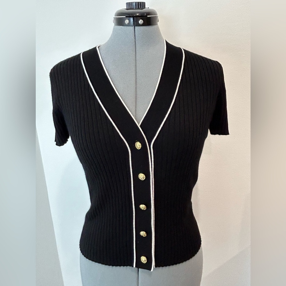 Laundry By Shelli Segal Black Short Sleeve Ribbed Cardigan with White Trim
